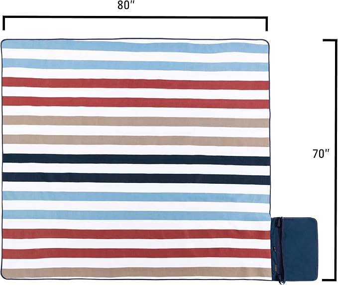 Picnic TIME Blanket Tote XL Outdoor Picnic Blanket 70x80 Foldable Beach Mat with Soft Fleece Top Water-Resistant Backing Carry Strap &amp Pocket Portable Blanket for 4-5 People (Coastal Stripe)