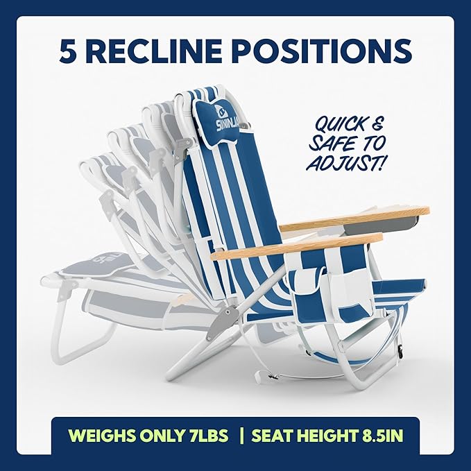 SUN NINJA Beach Chair – Folding Chair for Beach with 5 Reclining Positions Cup &amp Phone Holder Insulated Back Storage Pouch Portable Lightweight Aluminum Frame - Navy Stripes - 2pc