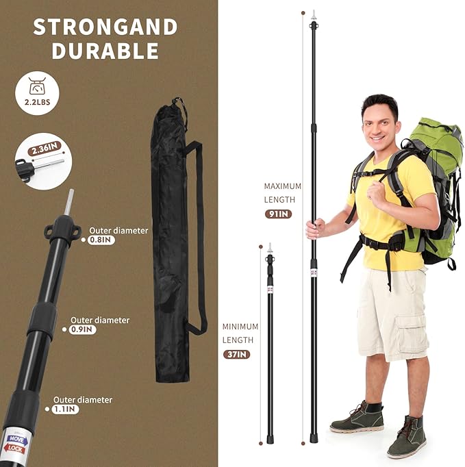 Tarp Poles Telescoping Tent Poles Ultra-Lightweight Portable Aluminum Sun Shade Poles That Extends Up to 7'6Suitable for Camping Tent Awning Beach Shelter(2 PCS)