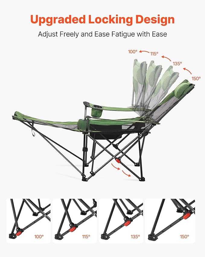 VEVOR Reclining Camping Chair 4 Adjustable Positions Portable Folding Lounger for Adults Mesh Beach Chair with Headrest &amp Foot Rest Supports 220 lbs Heavy Duty Camp Chairs for Patio Green
