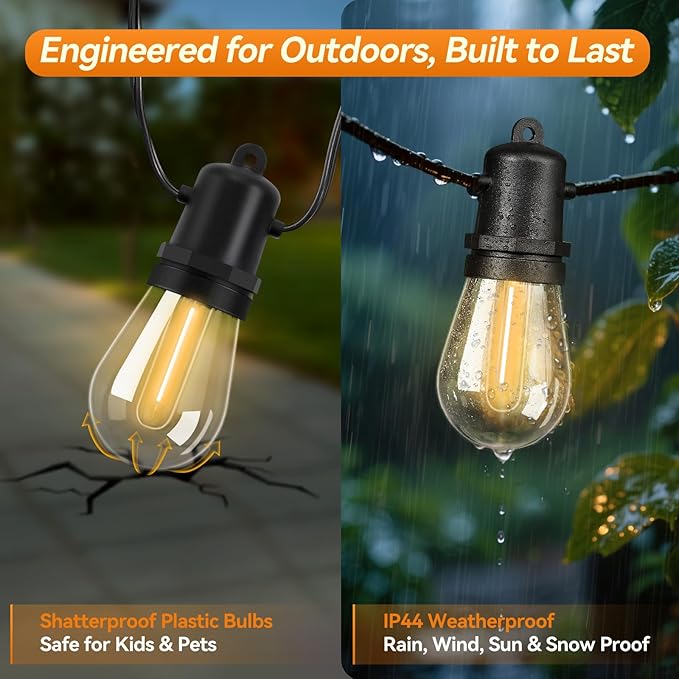 96FT Total LED Outdoor String Lights 2-Pack Dimmable Commercial Grade S14 Bulbs IP44 Weatherproof &amp Shatterproof for Large Patio Cafe Event