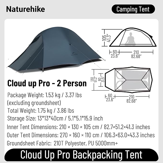Naturehike Cloud up Pro Camping Tent 1/2/3 Person Ultralight Tents 3 Season Backpacking Tent Waterproof for One Man Self-Standing Easy Setup for Cycling Outdoor Camp