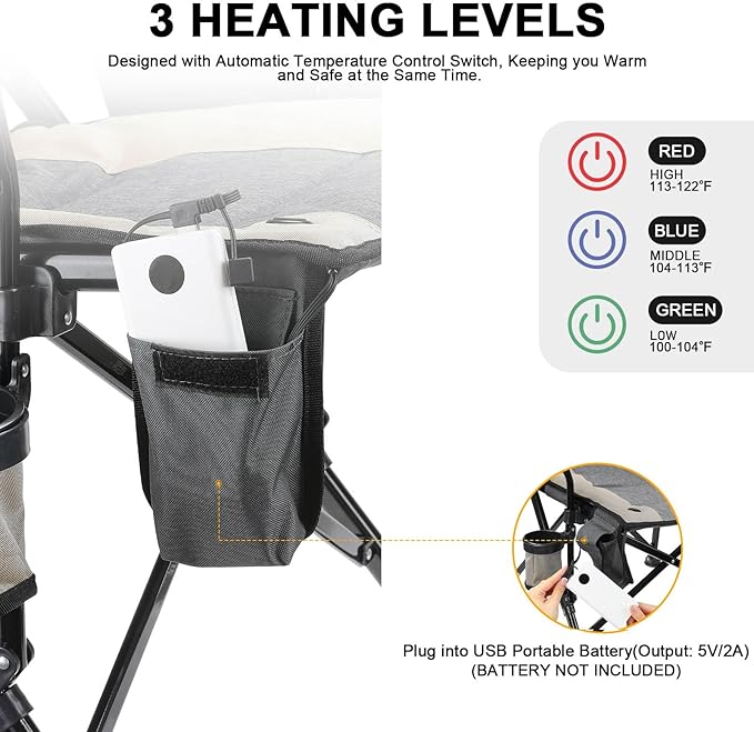 REALEAD Heated Camping Chair - Fully Padded Heated Chairs Outdoor Sports - Heavy Duty Heating Camp Chairs for Adults Supports 400 lbs - Perfect for Outside Sport Events Concert Battery NOT Included