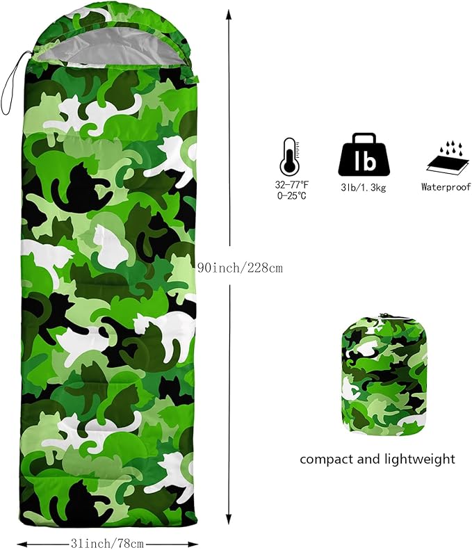 AILONEN Cute Frog Green Camping Sleeping BagLightweight &amp Waterproof3 Season Warm &amp Cool WeatherTravel Portable Compression with Compact Carrying Bag for Kids Girls Adults