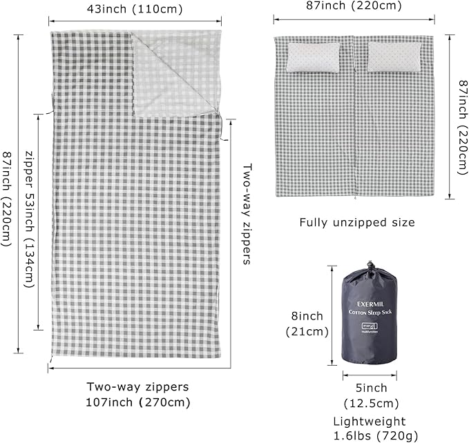 100% Cotton Sleeping Bag Liner with Full Length Zipper on 3 Sides Single/Double Adult Sleep Sack for Travel &amp Camping Multifunctional Travel Sheets (Unzipped 87”x87”) for Hotel Lightweight