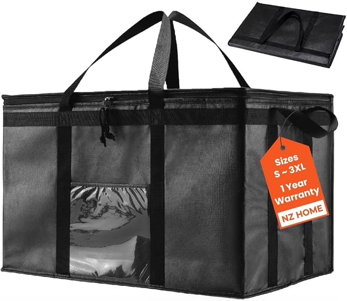 NZ home Insulated Bags for Food Delivery (3XL) Grocery Shopping Cooler Bag Pizza Delivery Hot &amp Cold Catering Tote Reusable Foldable &amp Heavy Duty (10 Pack Black)