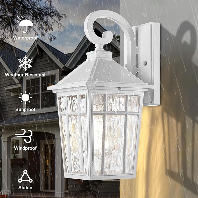 Darkaway Outdoor Wall Lights for House Exterior Lighting Fixtures Wall Mount Outside Porch Lights Waterproof White Outdoor Sconce Lights with Water Ripple Glass for Patio Garage Front Door