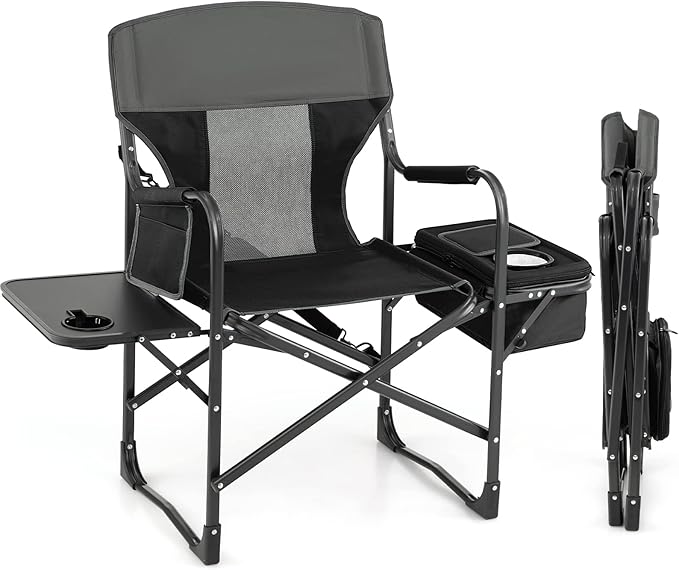 Giantex Camping Chair with Side Table Storage Pocket Cooler Bag Shoulder Strap Handle Support 400 Lbs Folding Directors Chair for Artist Makeup Lawn Fishing Picnic Black