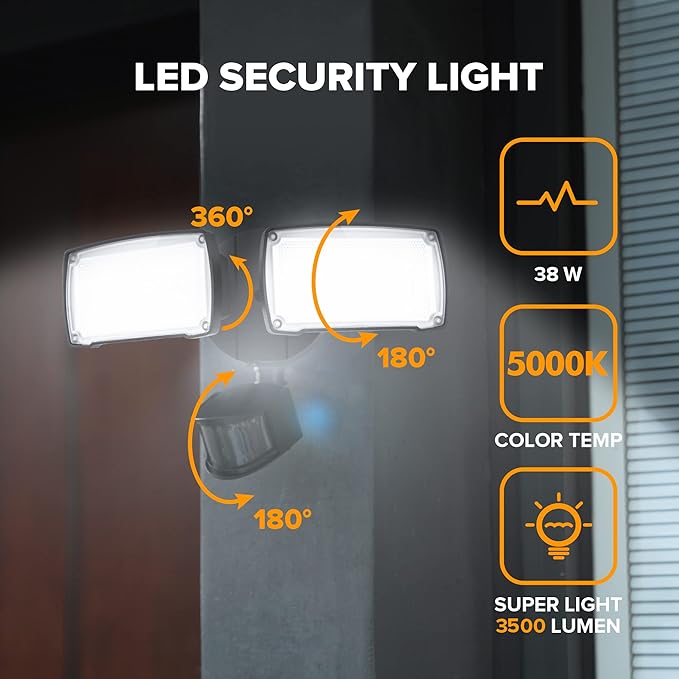 LUTEC 38W 3500 Lumen LED Motion Activated Integrated Dual-Head Floodlight Outdoor with Motion Sensor 5000K Daylight Dusk to Dawn Exterior Security Wall Light for Patio Garden Yard(Black)