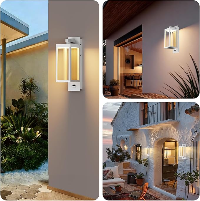 Outdoor Wall Light with Motion Sensor 15inch White Waterproof LED Coach Light for Porch Front Door Garage Patio Garden – Durable Tempered Glass Exterior Lighting Fixture Security Light for House