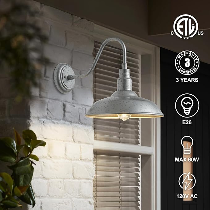14 Inch Barn Farmhouse Outdoor Light Fixture 2 Pack Exterior Gooseneck Lights with Galvanized Steel Finish Outside Wall Sconce with Wall Mount for House Porch Patio