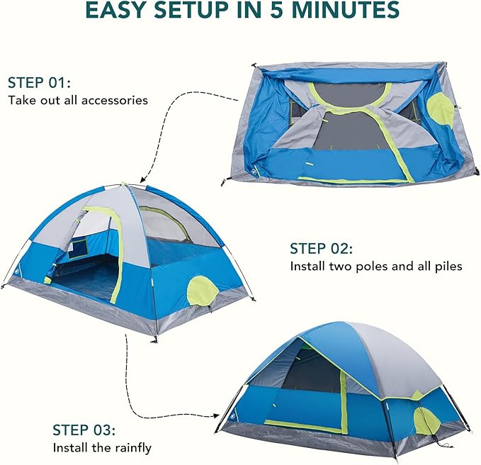 OLIXIS Camping Tent 2/4 Person Waterproof Windproof Dome Tent with Multi-Directional Ventilation Quick 5 Min Setup for Family Outdoor Backpacking Hiking