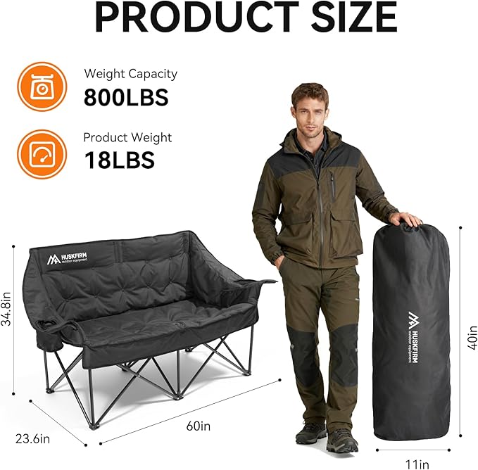 Double Camping Chair Padded Camping Chairs Heavy Duty 2 Person Camping Chair Oversized Loveseat Camping Chair with Cup Holders Camping Couch Support 800LBSBlack