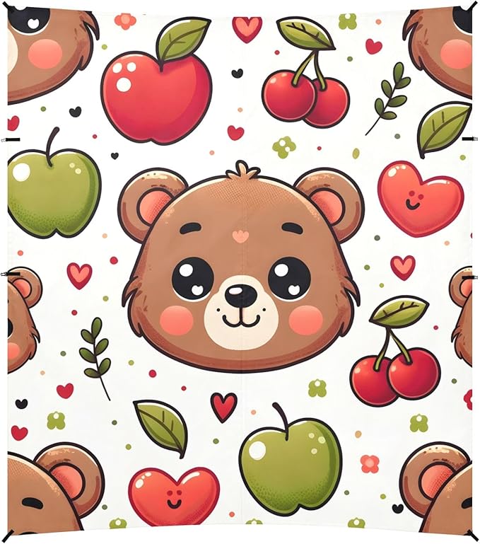 Cute Cartoon Bear Face with Cherry Camping Sun Shelter Beach Tent Portable Beach Sun Shade Outdoor Canopy for Camping Trips Fishing Picnic