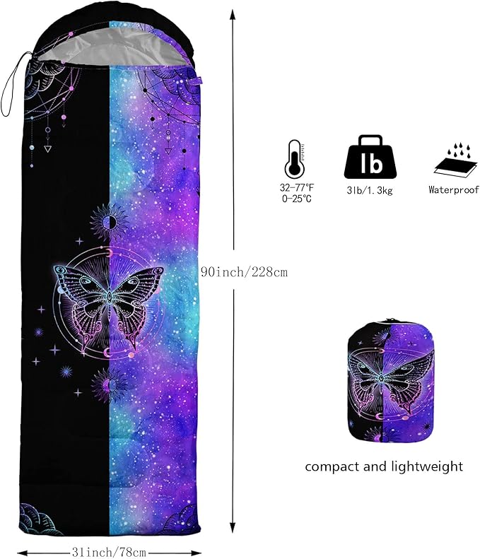 Kids Sleeping Bag for Boys GirlsBlack Blue Butterfly-Lightweight Warm Portable Outdoor Indoor-Waterproof Cold Weather Resistant Sleeping Bag for Camping Hiking(Butterfly2)