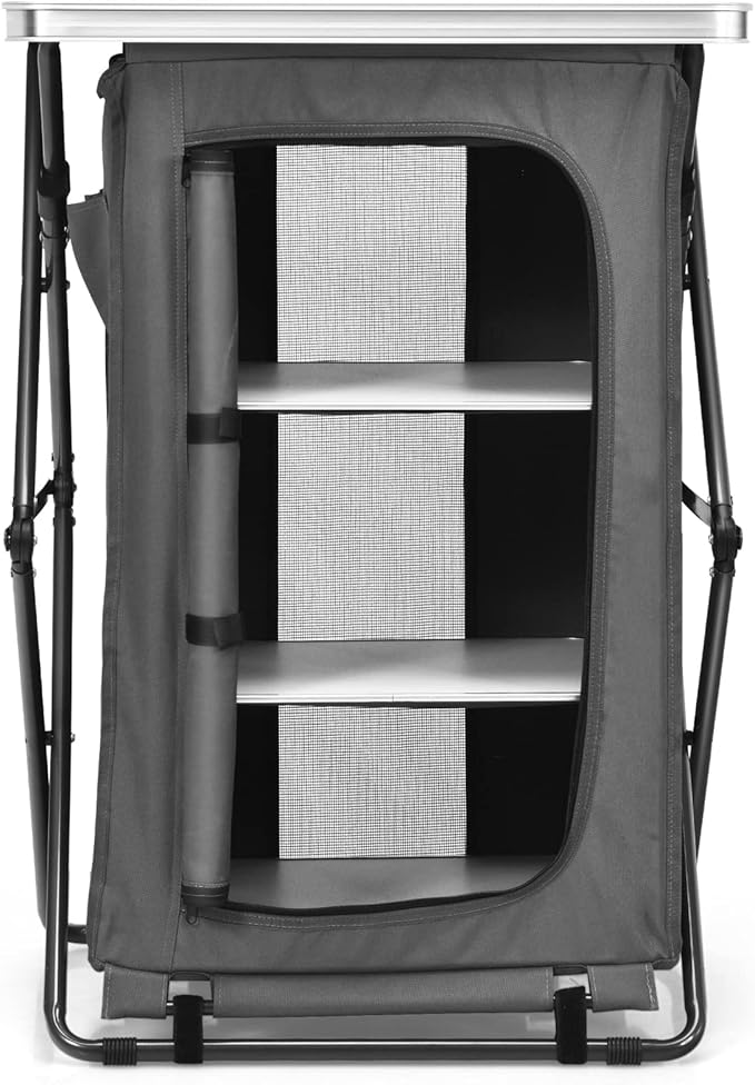 Giantex Folding Camping Storage Cabinet with 3 Shelves and Carry Bag Portable Outdoor Organizer Kitchen Table Quick Set-up for BBQ Picnic Backyard Compact Pop-Up Cupboard 35''H