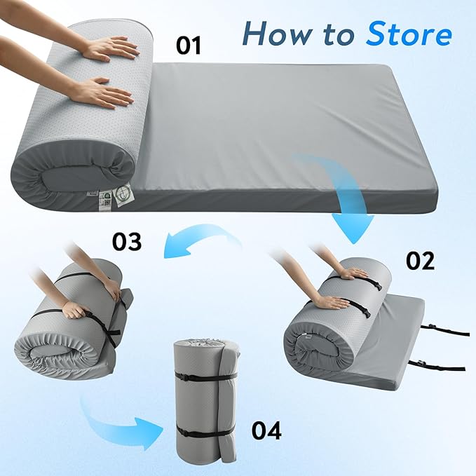 Memory Foam Camping Cot Mattress Pad 3 Inch Thick Sleeping Pad with Waterproof Cover Portable Roll up Cot Mattress Pad Mat for Travel Truck Bed Tent Non-Slip Bottom 72×24×3 Gray