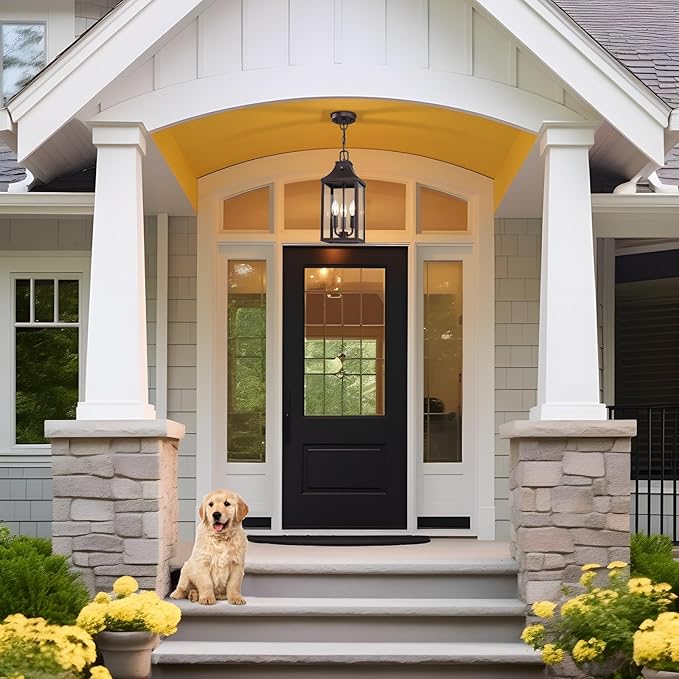 15.5'' Large Outdoor Pendant Light Fixtures 3-Light Dusk to Dawn Exterior Hanging Lantern Porch Light Adjustable Brown Hanging Lamp Farmhouse Exterior Chandelier Ceiling Mount for Entrance Patio