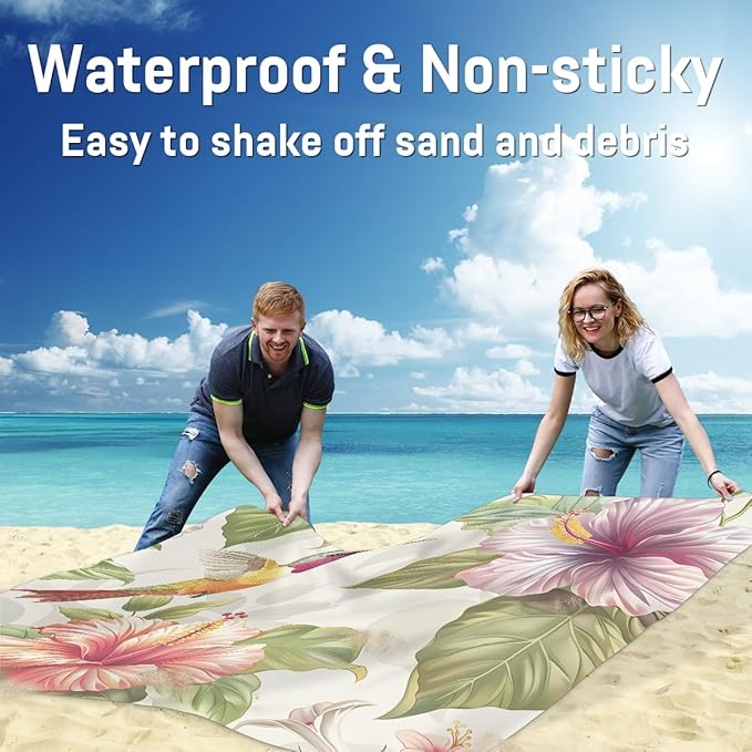 Waterproof Sandproof Beach Blanket 59''×68'' Flower-Hummingbird Polyester Outdoor Picnic Blanket with 4 Stakes &amp Storage Bag for BeachCampingVacation White