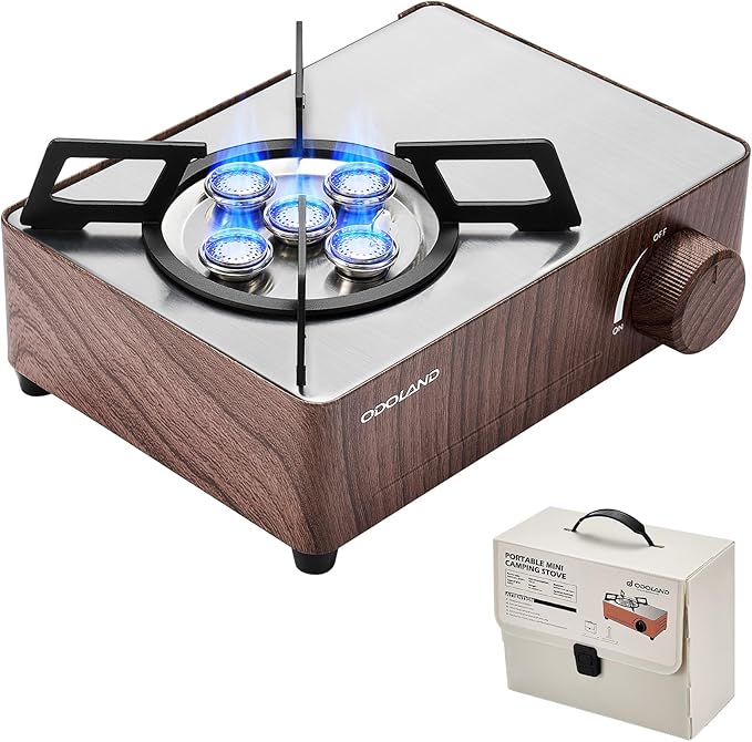 Odoland 7500BTU Camping Butane Stove with Compact Carry Case CSA Certified Portable Gas Stove for BackpackingPicnicOutdoor AdventuresBrown
