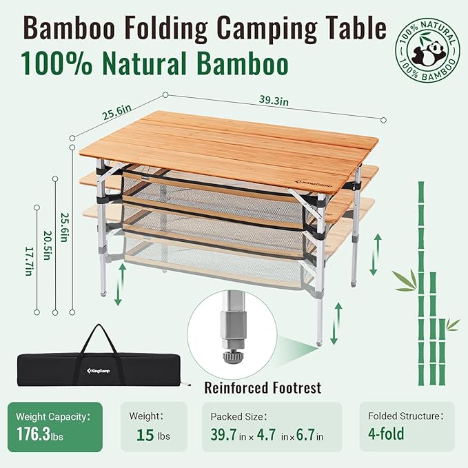 KingCamp Bamboo Folding Camping Table Adjustable. Supports 176lbs with A Premium Bamboo Top and 3 Adjustable Heights Ideal for Stable Dining or Cooking at Picnics RVs and Glamping Sites
