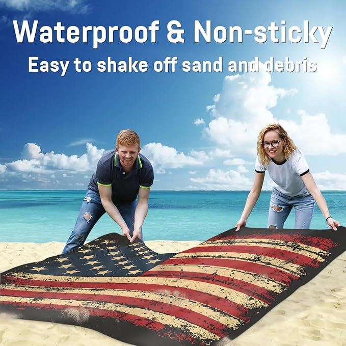 4th of July Beach Blanket Sandproof Beach Mat 68 x 59 Waterproof Quick Drying Sand Free Mat with 4 x Ground Spikes for Outdoor Travel Camping Hiking Vintage American Flag