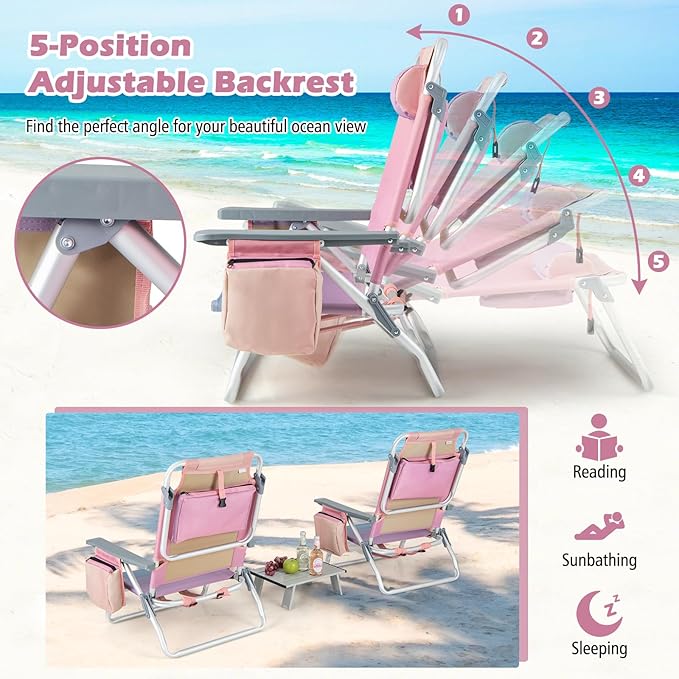 Goplus Beach Chair Folding Backpack Beach Chairs for Adults with 5 Positions Head Pillow Cooler Bag Towel Bar Cup Holders Sunbath Sling Tanning Lounge Foldable Layout Camping Chairs