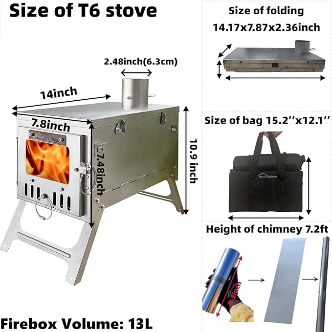 DANCHEL OUTDOOR T6 Ultralight Titanium Wood Stove for Camping Backpacking 4.4lbs Folding Hot Tent Stove with 7.2ft Chimney Pipe Easy Setup for 1 Person Winter Survival Cooking