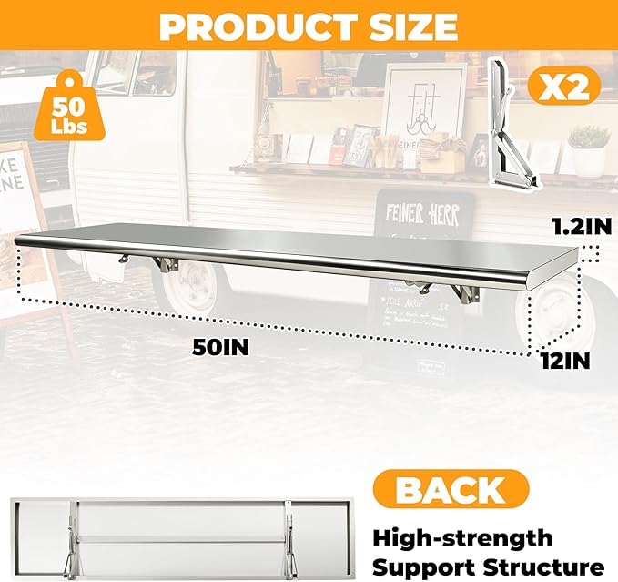Concession Shelf 50 L x 12''W Folding Shelf Stainless Steel Food Shelf Stand Serving for Concession Serving Window Food Truck Kitchen Counter