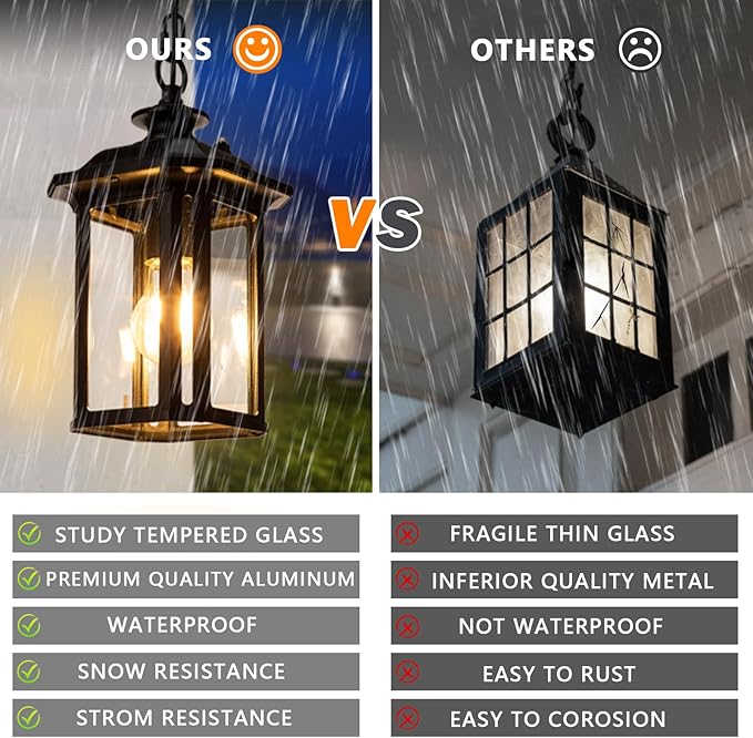 JYZ Dusk to Dawn Outdoor Pendant Lighting Exterior Hanging Lantern Light Fixture Classic Black Outdoor Chandelier Outside Ceiling Mount Hanging Lamp for Porch Hallway Foyer Patio Gazebo Pergola