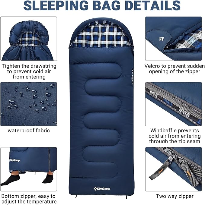 KingCamp 45°F Kids Sleeping Bag Lightweight Waterproof &amp Compact Flannel Sleeping Bags Cold Weather &amp Warm Youth Essentials Gear Accessories for Camping Fits 10-12 Children up to 4'7-5'5 T