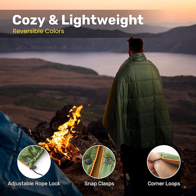 UNIKOME Waterproof Puffy Camping Blanket - Lightweight Packable Outdoor Quilt with Snaps &amp Corner Loops Warm Compact Blanket for Cold Weather Hiking Picnic Stadium Travel 75×52 Army Green&amp