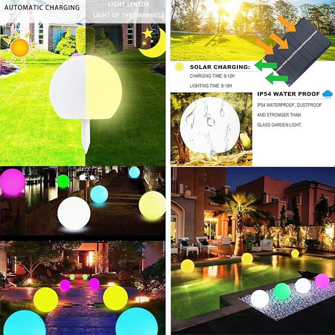 8 inch Solar Glowing Globe Light 16 Colors Changing Solar Garden Ball Light Auto-On/Off LED Glow Ball W/Remote Waterproof Landscape Lighting Globe W/Ground Stake for Yard Patio Lawn Christmas Decor