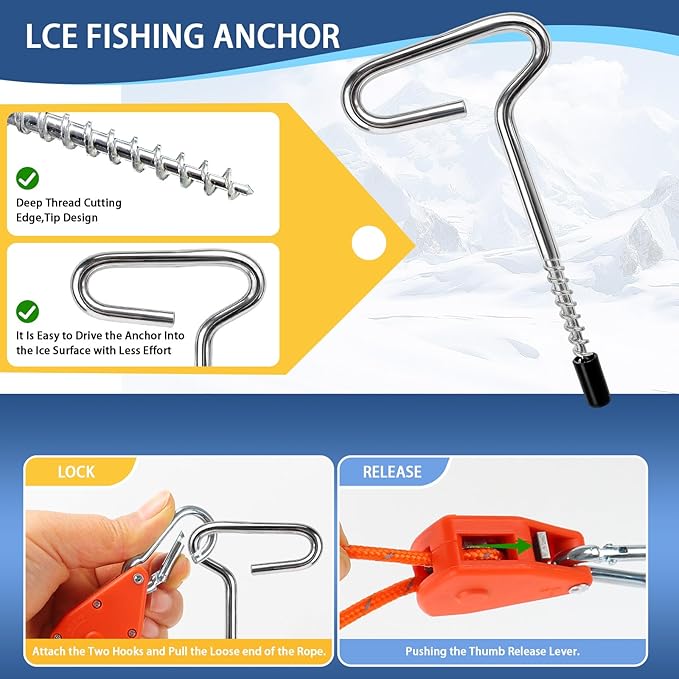 Heavy Duty Ice Anchor Drill Adapter Tool Kit 19Pcs Stainless Steel Tent Stakes Set with 13FT Ratchet Ropes Tent Hooks Canvas Bag for Ice Fishing Shelter Setup (8Pcs Tent Stakes+6Pcs Rope Roller)