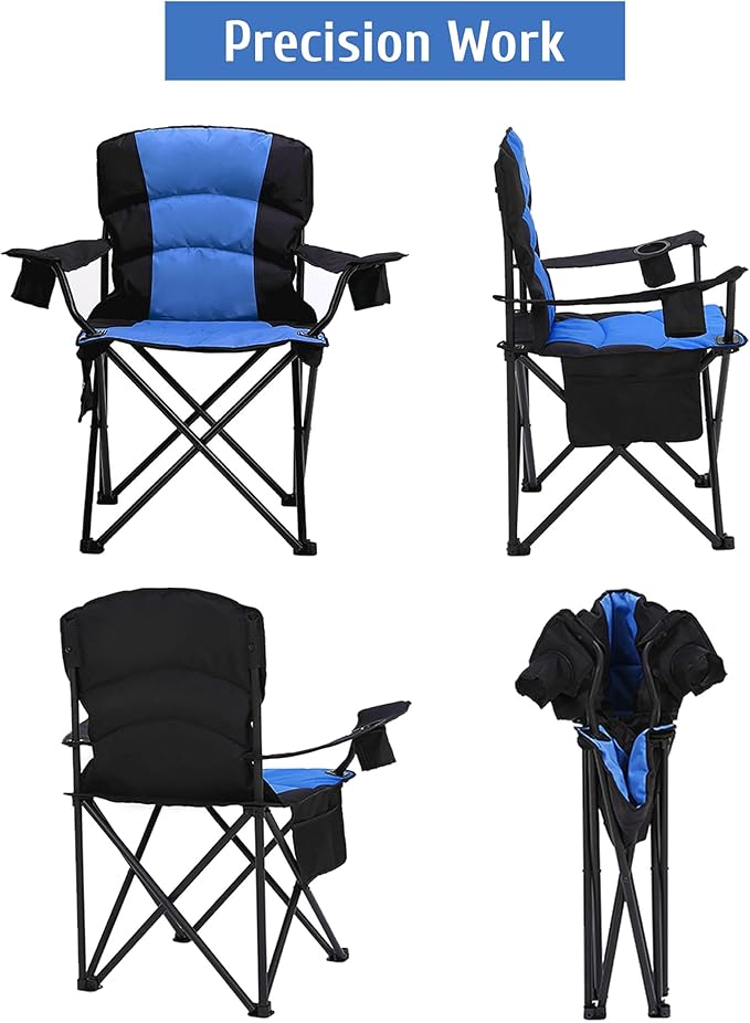 Oversized Camping Chair Folding Heavy Duty Quad Outdoor Large Lawn Chairs Portable Support 400 lbs Padded Thicken Oxford with Armrests Storage Bag Cup Holder Carry Bag for Outside(Blue)