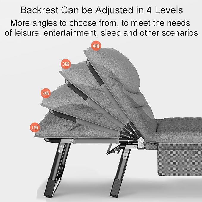 Portable Folding Camping Cot with 4 Speed Adjustment Heavy Duty Sleeping Cot Bed for Adults Outdoor Reclining Lounge Chair with Pillow 160KG Weight Capacity Ideal for Outdoor Travel.