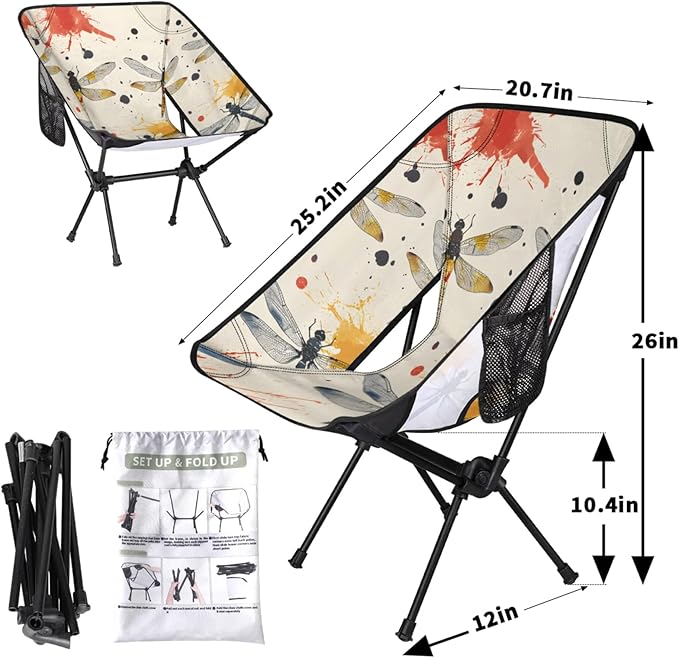 Honeybaby Folding Camping Chair Dragonfly Watercolor Camping Chairs Lightweight Portable Chair Outdoor Foldable Chairs for Camping Travel Picnic Beach Hiking