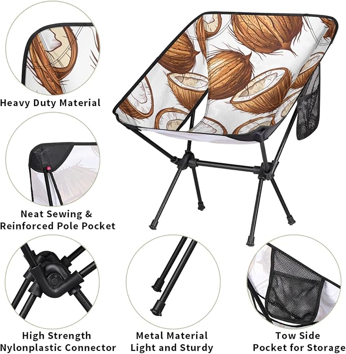 Honeybaby Folding Camping Chair Coconut Print Camping Chairs Lightweight Portable Chair Outdoor Foldable Chairs for Camping Travel Picnic Beach Hiking