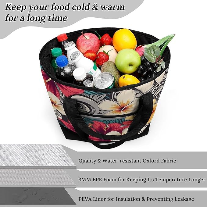 Insulated Shopping BagLarge Reusable Cooler Bags Colorful Hawaiian Pattern Printed Foldable Shopping BagTravel Waterproof Shoulder Bag