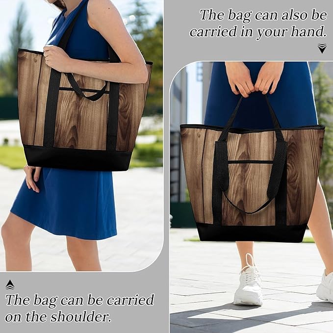 Insulated Shopping BagLarge Reusable Cooler Bags Wood Grain Printed Foldable Shopping BagTravel Waterproof Shoulder Bag