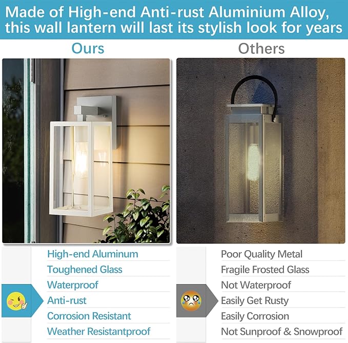MAXvolador Outdoor Wall Lantern Exterior Waterproof Wall Sconce Light Fixture White Anti-Rust MountLights Clear Glass E26 Porch Patio Lighting
