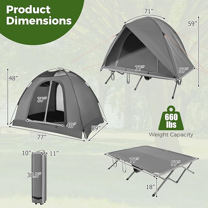 Tangkula 2 Person Tent Cot Portable Off Ground Elevated Camping Tent with Cot Removable Rainfly Wheeled Bag Stakes &amp Wind Ropes for Beach Picnic Hiking Travel