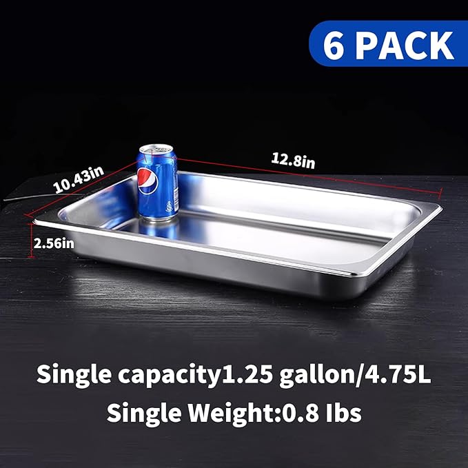 6 Pack Half Size Hotel Pans 1/2 Size Steam Table Pan 2.5 Inch Deep Commercial Stainless Steel Pan for Food Catering Pan for Hotel Buffet Restaurant and Party