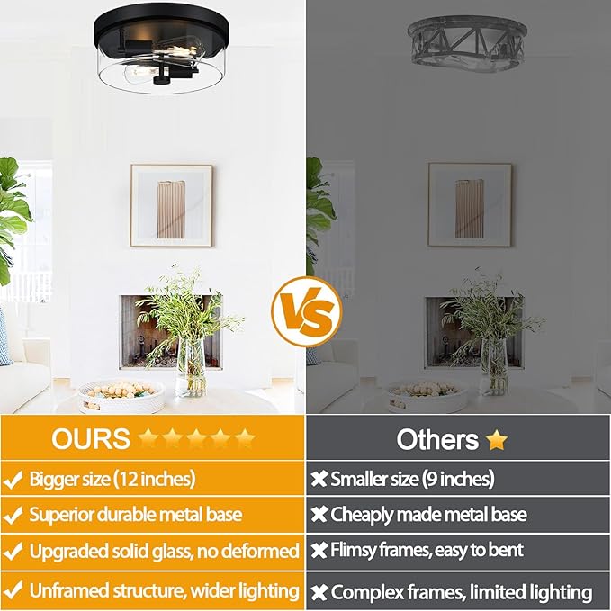 Flush Mount Ceiling Light Fixtures 2-Light Black Ceiling Mount for Farmhouse with Clear Glass Lampshade Industrial Flush Mount Light Fixture for Hallway Kitchen Entryway and Foyer