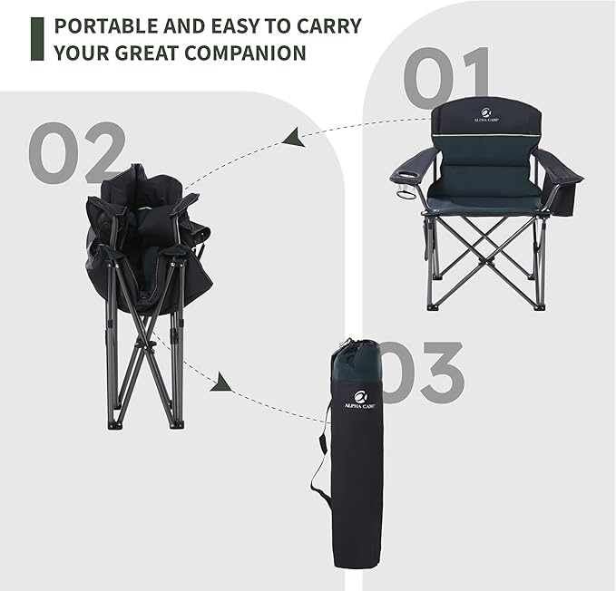 GREEN PARTY Oversized Folding Camping Chairs High Back Heavy Duty Padded Lawn Chair for Adults Support up to 450lbs with Cup Holder Side Pocket Cooler Bag Green