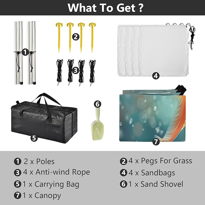 Goldfish Pattern Beach Tent Sun Shelter 9.2' x 10.5' Beach Canopy with 4 Sandbags 4 Stability Poles Sand Shovels - Tent Canopy for Beach Camping Fishing Picnics