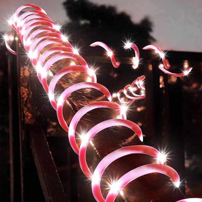 QITONG Solar Christmas Lights 2 Pack Each 33ft 100 LED Red &amp White Candy Cane Rope Light Outdoor Waterproof 8 Modes Fairy Lights in Clear Thin Tube