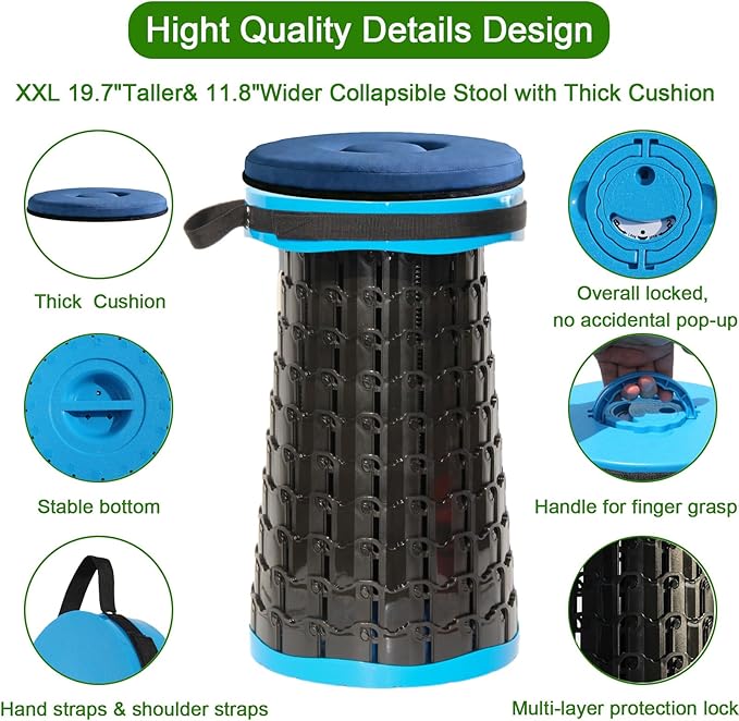 2026 Upgraded XXL Collapsible Stool with Thick Cushion19.7H-11.8D Telescoping Folding Stool for Adults More Sturdy Camping Stools with Load Capacity 1000lbs for OutdoorGardenFishingHiking