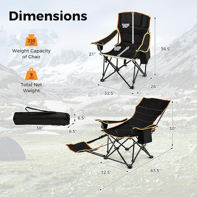KOTEK Reclining Camping Chair Portable Camp Chair with Removable Footrest Adjustable Backrest Cup Holder Cooler Bag &amp Carry Bag Folding Lawn Chair for Adults Outdoor Activities (1)