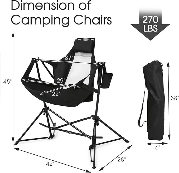 HOMEFUN Hammock Camping Chair - Portable Swinging Chairs for Adults with Stand and Storage Bag Oversized Folding Rocking for Lawn Camp Fishing Hiking Black